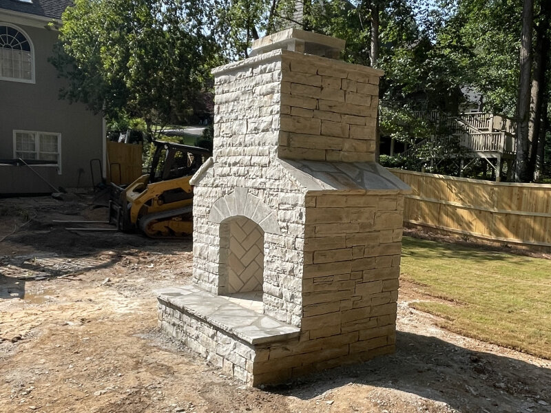 Exterior Fireplace with gray striped rubble in Marietta, GA