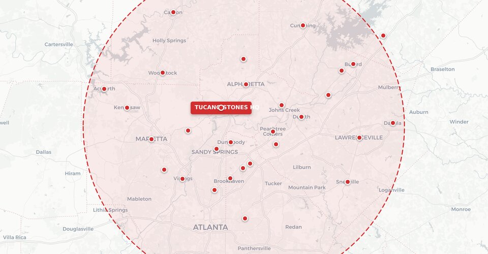 Tucano Stones service area map - 30 cities across Metro Atlanta and North Georgia